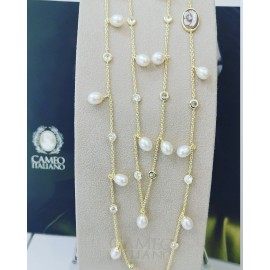 Collana Donna lunga con cammeo e perle in argento 925% dorato e cristalli bianchi ref-101711 CA-G fiore