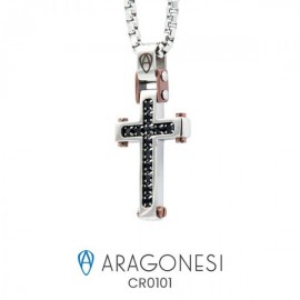 Collana Uomo con Croce In Acciaio 316L Aragonesi Gioielli collezione Binario Ref- CR0101 con pietre cubic zirconia black