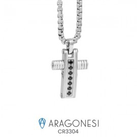 Collana Uomo con Croce In Acciaio 316L Aragonesi Gioielli collezione Badalona Ref- CR3304 con pietre cubic zirconia black