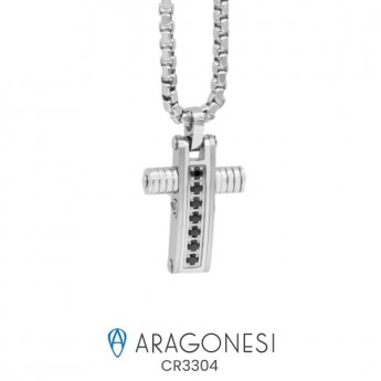 Collana Uomo con Croce In Acciaio 316L Aragonesi Gioielli collezione Binario Ref- CR0101 con pietre cubic zirconia black