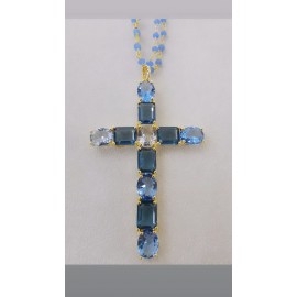 Collana Donna pendente croce in argento dorato e ottone con cristalli e corallini colorati